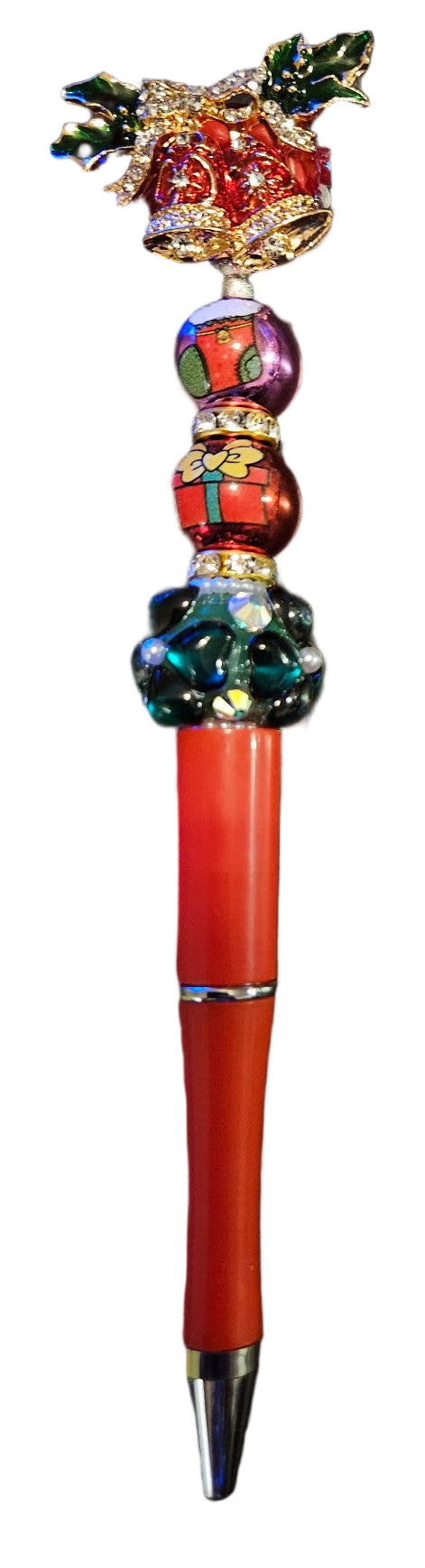 Decorative pen with bells on top and a red body 