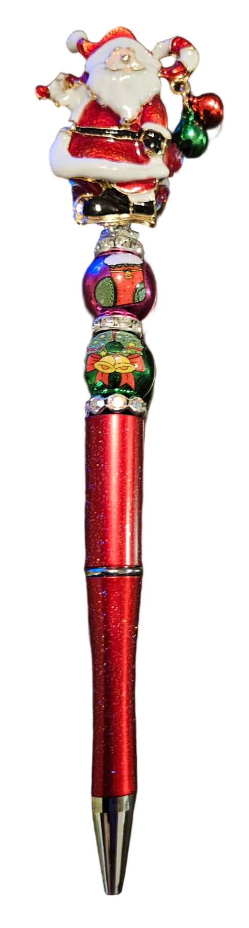 Decorative pen with Santa Claus design on a base.
