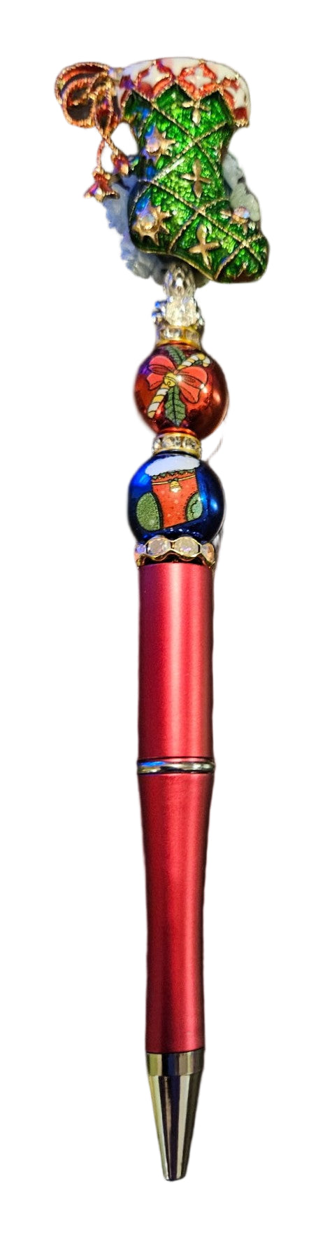 Decorative pen with stocking top section and a red body. 